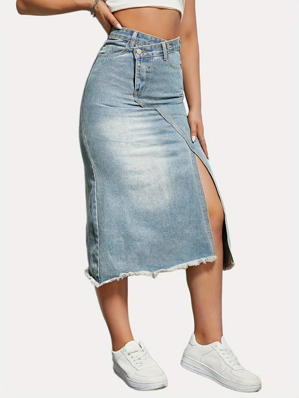 Denim Skirts- Distressed Washed Denim Slit Skirt with High Waist Twist- Clear blue- Chuzko Women Clothing