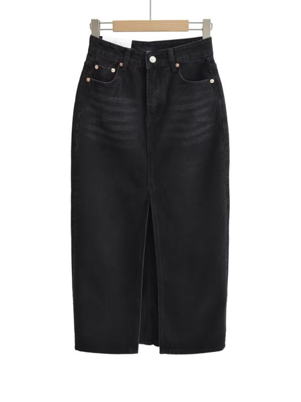 Denim Skirts- Vintage-Inspired High Waisted Denim Midi Skirt with Front Slit- Chuzko Women Clothing