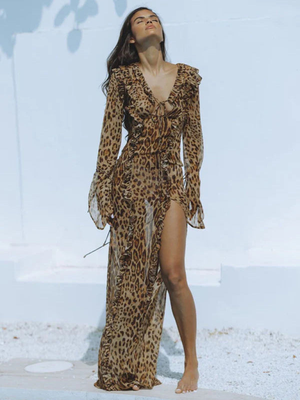 Disco Dresses- Animal Print Long Sleeve Slit Maxi Dress for Nighttime Events- - Chuzko Women Clothing