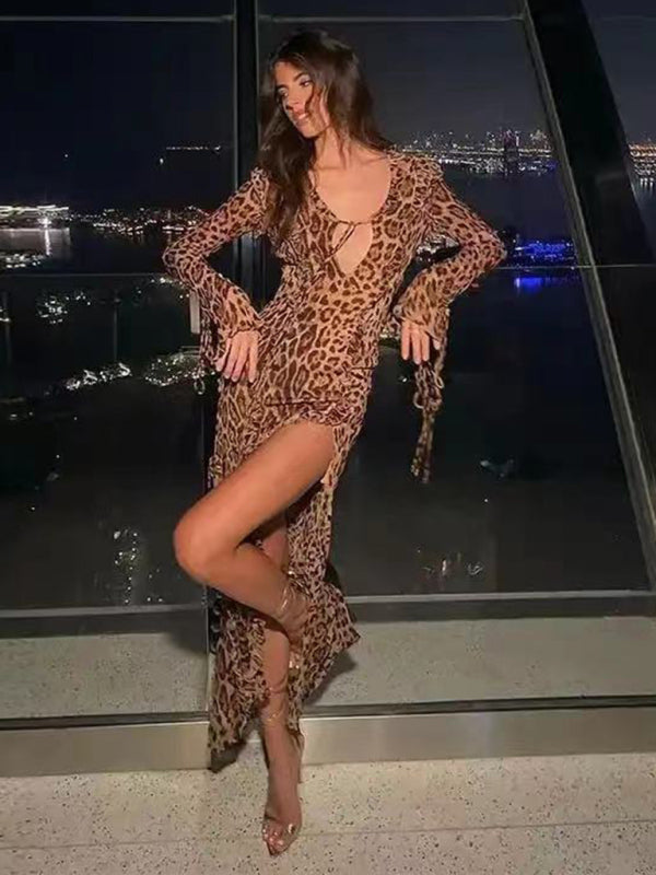 Disco Dresses- Animal Print Long Sleeve Slit Maxi Dress for Nighttime Events- Leopard- Chuzko Women Clothing