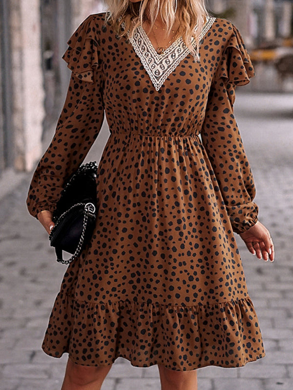 Dresses- V-Neck A-Line Midi Dress in Leopard Print with Gathered Waist and Long Sleeves- Chuzko Women Clothing