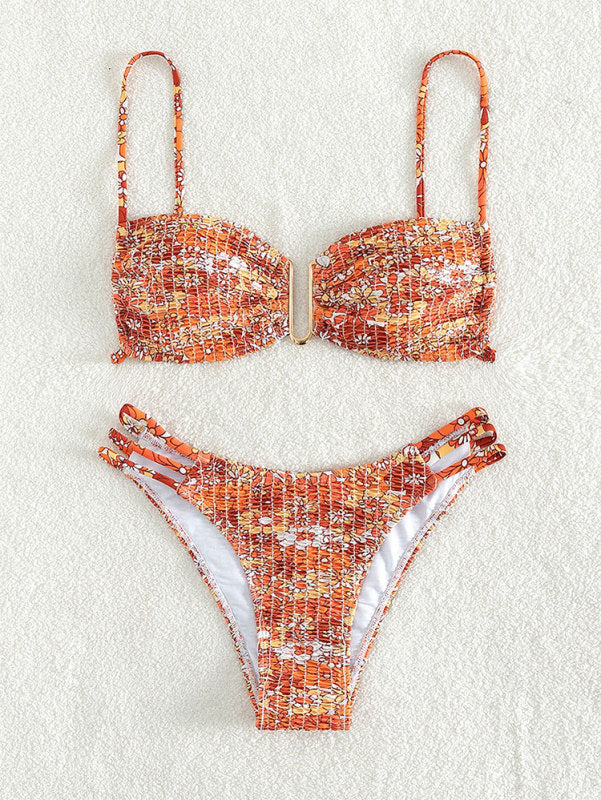 Brazilian Smocked 2-Piece Bikini Set: Wireless V-Wired Bra, Mid-Waist Bottoms Bikini swimwear - Chuzko Women Clothing