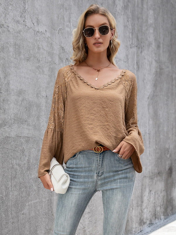 Elegant Lace Inlay V Neck Blouse: Casual Style, Long Bell Sleeves Top Tops - Chuzko Women Clothing
