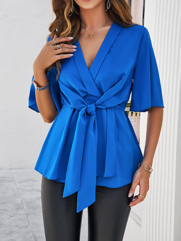 Elegant Blouses- Surplice V-Neck Blouse - Women's Elegant Gathered Knot Waist A-Line Top- Blue- Chuzko Women Clothing