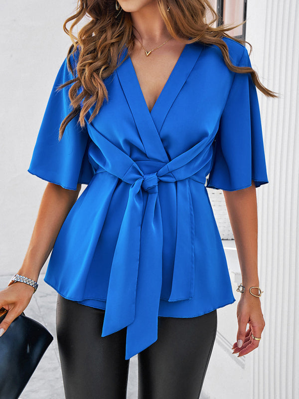 Elegant Blouses- Surplice V-Neck Blouse - Women's Elegant Gathered Knot Waist A-Line Top- - Chuzko Women Clothing