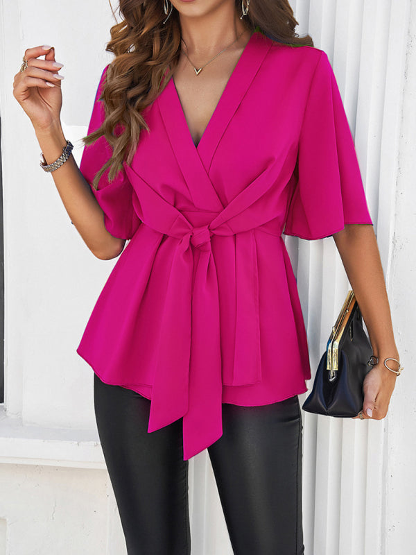 Elegant Blouses- Surplice V-Neck Blouse - Women's Elegant Gathered Knot Waist A-Line Top- Rose- Chuzko Women Clothing