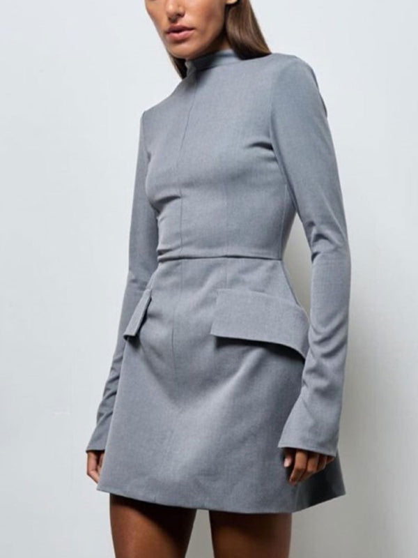 Elegant Dresses- Elegant A-Line Stand Collar Long Sleeves Mini Dress in Solid- Chuzko Women Clothing