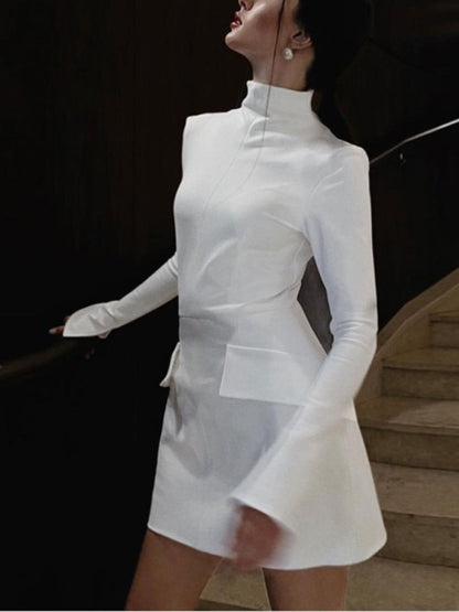 Elegant Dresses- Elegant A-Line Stand Collar Long Sleeves Mini Dress in Solid- Chuzko Women Clothing