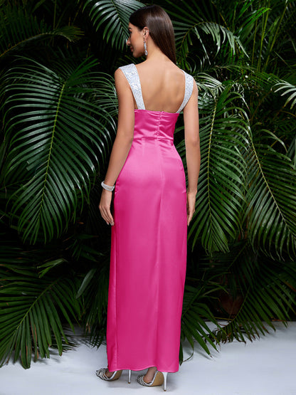 Elegant Dresses- Elegant Evening Satin Sleeveless Bustier Dress with High Slit- Chuzko Women Clothing