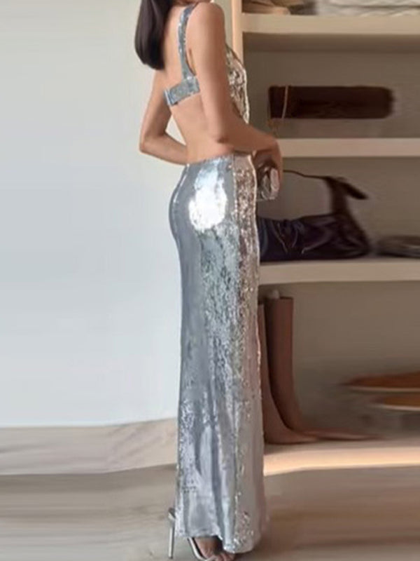 Elegant Dresses- Elegant Evening Sparkle Sequined Cutout Maxi Dress- Chuzko Women Clothing