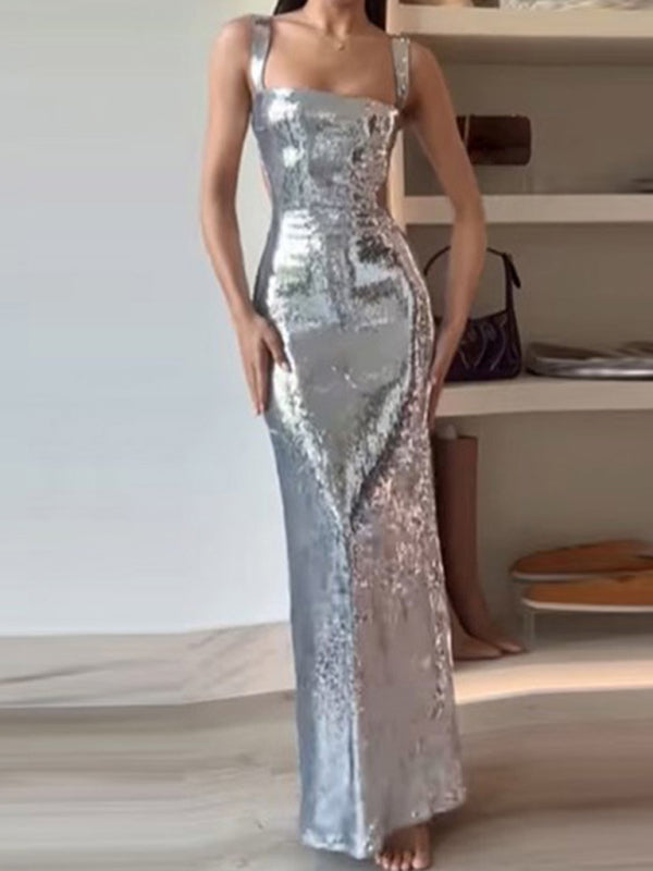Elegant Dresses- Elegant Evening Sparkle Sequined Cutout Maxi Dress- Chuzko Women Clothing