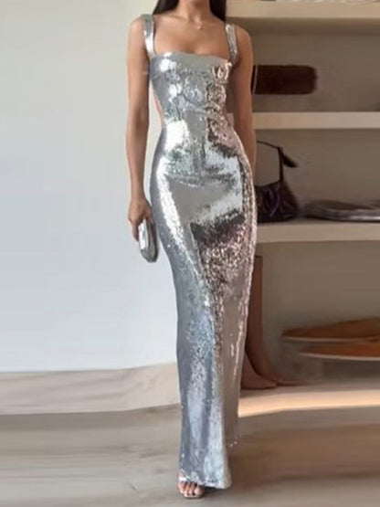 Elegant Dresses- Elegant Evening Sparkle Sequined Cutout Maxi Dress- Chuzko Women Clothing