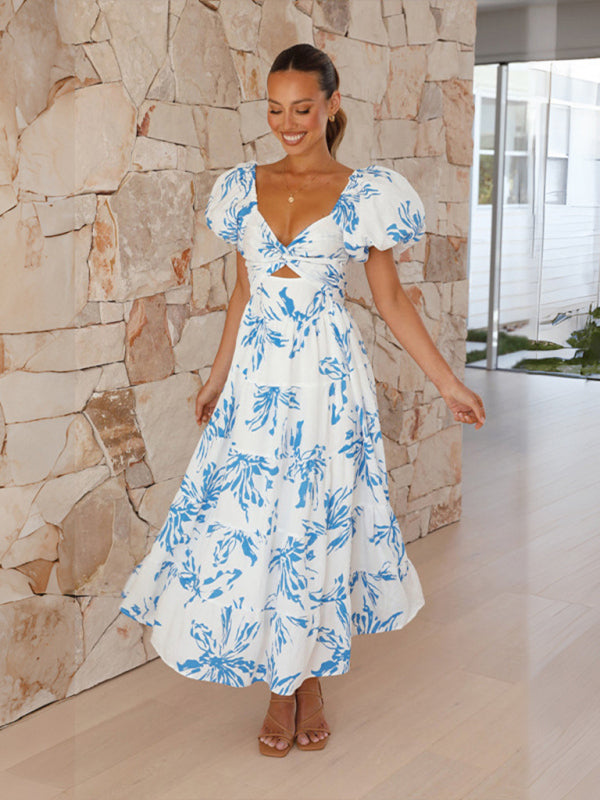 Elegant Dresses- Elegant Floral A-Line Off-Shoulder Midi Dress with Puff Sleeves- Chuzko Women Clothing