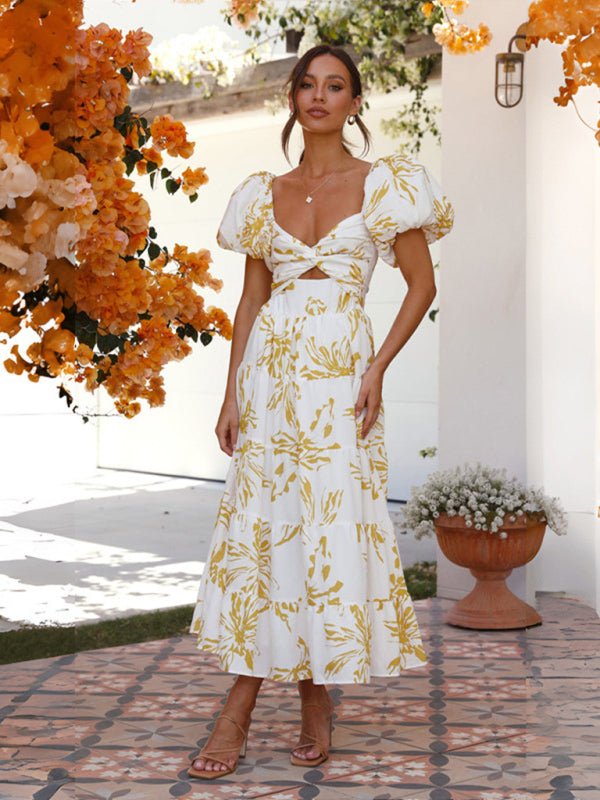 Elegant Dresses- Elegant Floral A-Line Off-Shoulder Midi Dress with Puff Sleeves- Chuzko Women Clothing