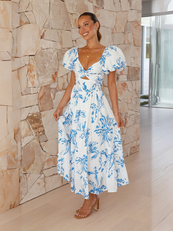 Elegant Dresses- Elegant Floral A-Line Off-Shoulder Midi Dress with Puff Sleeves- Chuzko Women Clothing