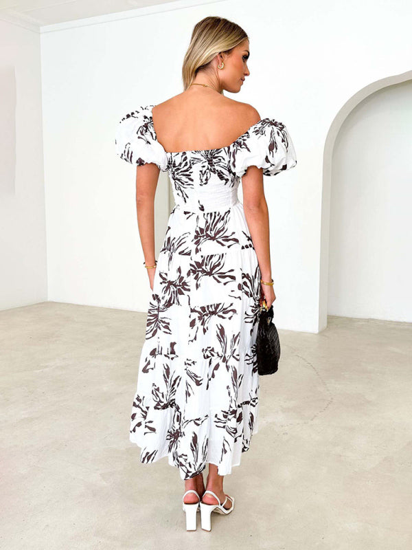 Elegant Dresses- Elegant Floral A-Line Off-Shoulder Midi Dress with Puff Sleeves- Chuzko Women Clothing