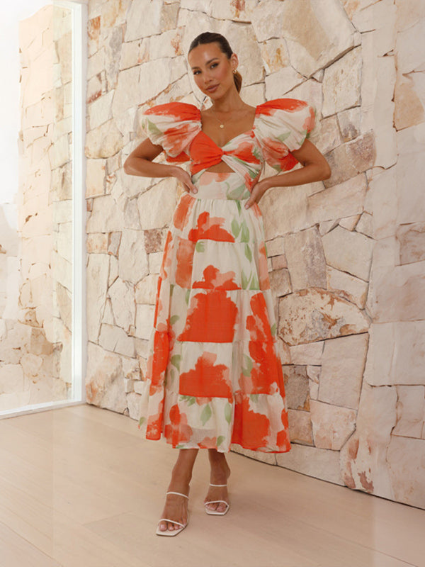 Elegant Dresses- Elegant Floral A-Line Off-Shoulder Midi Dress with Puff Sleeves- Chuzko Women Clothing