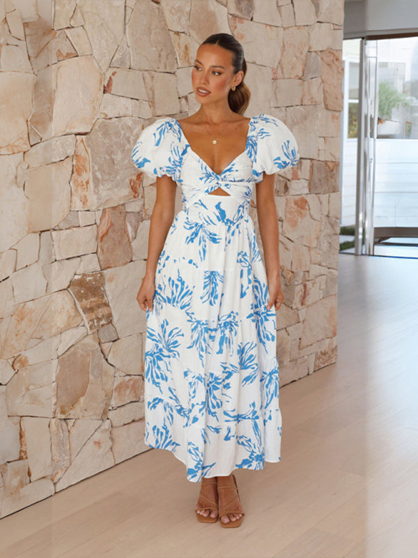 Elegant Dresses- Elegant Floral A-Line Off-Shoulder Midi Dress with Puff Sleeves- Chuzko Women Clothing