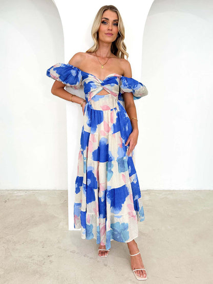 Elegant Dresses- Elegant Floral A-Line Off-Shoulder Midi Dress with Puff Sleeves- Chuzko Women Clothing