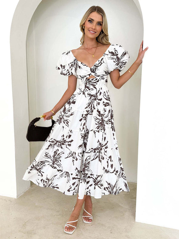 Elegant Dresses- Elegant Floral A-Line Off-Shoulder Midi Dress with Puff Sleeves- Chuzko Women Clothing