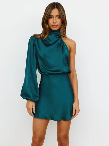 Elegant Dresses- Elegant One Shoulder Blouson Cowl Mini Dress in Satin- Chuzko Women Clothing