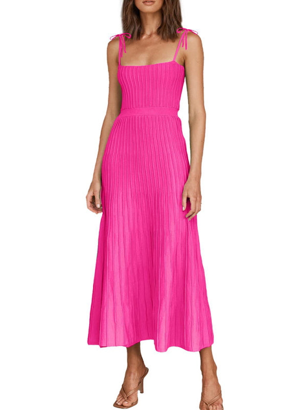 Elegant Dresses- Elegant Ribbed Knit A-Line Cami Midi Cocktail Dress- Chuzko Women Clothing
