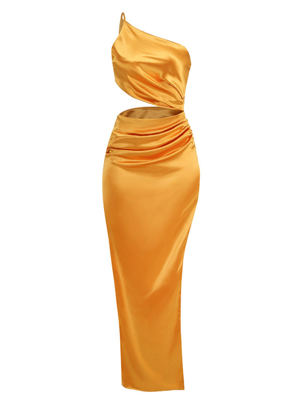 Elegant Dresses- Elegant Satin One-Shoulder Dress with Side Slit- Chuzko Women Clothing