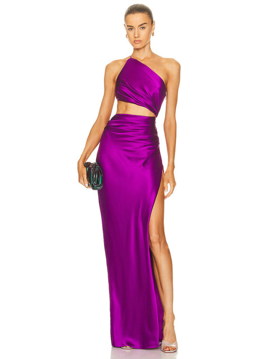 Elegant Dresses- Elegant Satin One-Shoulder Dress with Side Slit- Chuzko Women Clothing