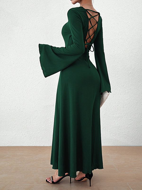Elegant Dresses- Elegant Solid A-Line Maxi Dress with Flared Sleeves & Lace-Up Back- Chuzko Women Clothing