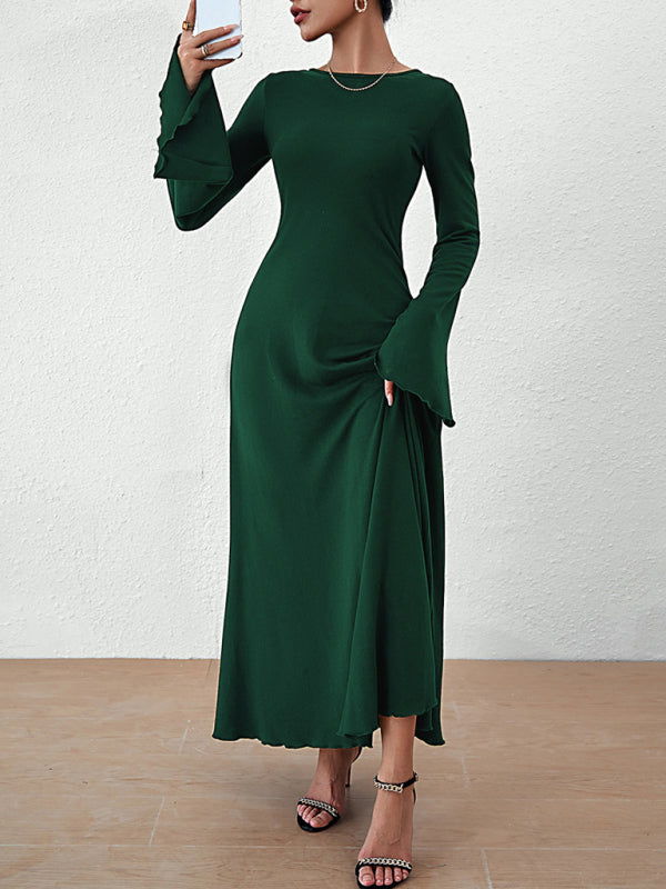 Elegant Dresses- Elegant Solid A-Line Maxi Dress with Flared Sleeves & Lace-Up Back- Chuzko Women Clothing