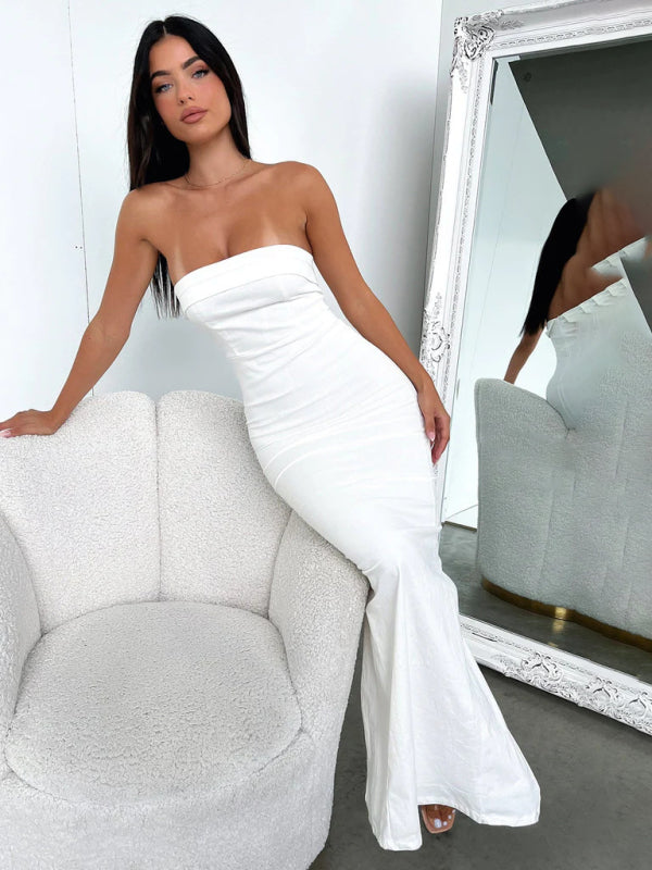 Elegant Solid Strapless Mermaid Cocktail Dress - Tube Trumpet Gown