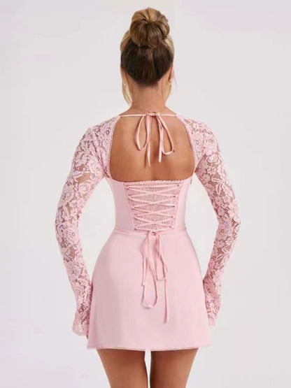 Elegant Dresses- Elegant Sweetheart Lace-Up A-Line Mini Dress with Long Sleeves- Chuzko Women Clothing