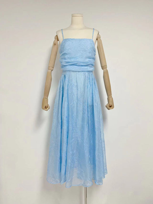 Elegant Dresses- Elegant Vintage Fit & Flare Embroidered Organza Midi Dress- Blue- Chuzko Women Clothing