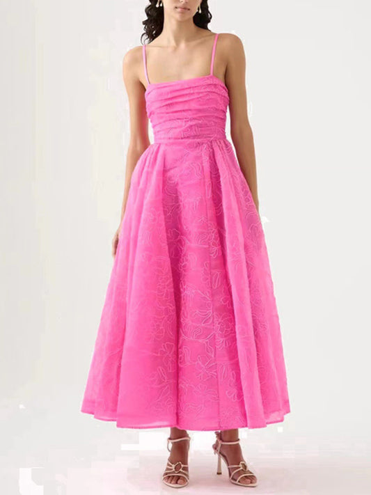 Elegant Dresses- Elegant Vintage Fit & Flare Embroidered Organza Midi Dress- Rose- Chuzko Women Clothing