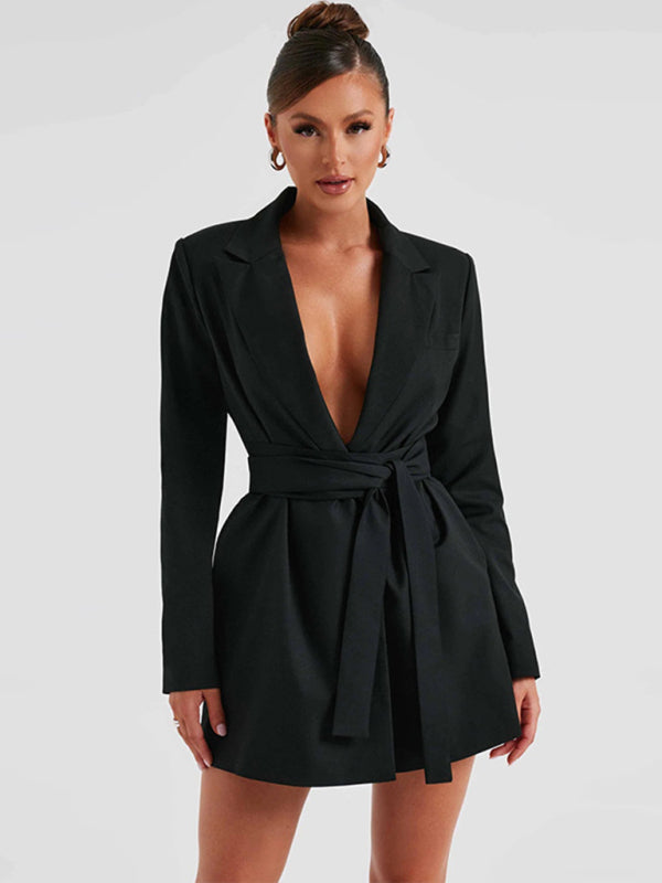 Elegant Dresses- Long Sleeve Plunging Wrap Mini Dress for Wedding Cocktails- Chuzko Women Clothing