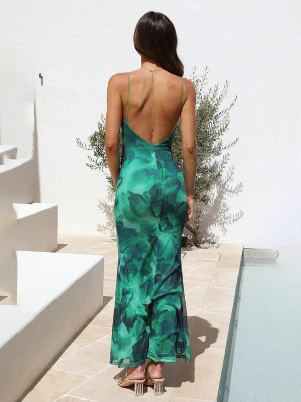 Elegant Dresses- Mermaid Backless Cowl Maxi Dress in Green Print- - Chuzko Women Clothing