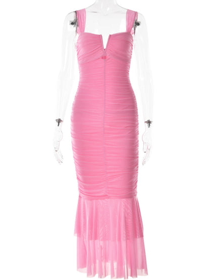 Elegant Dresses- Mesh Bandage Mermaid Gown - Ruched Trumpet Dress- Pink- Chuzko Women Clothing