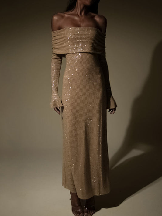Elegant Dresses- Off-The-Shoulder Elegance & Sparkle Long-Sleeve Sequin Maxi Dress- Chuzko Women Clothing