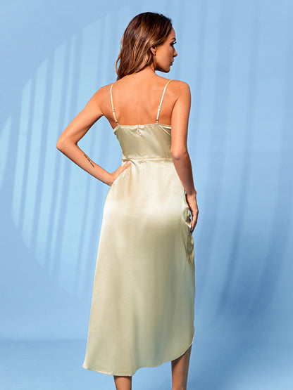 Satin Cowl Neck Midi Dress with Side Slit for Wedding Guests