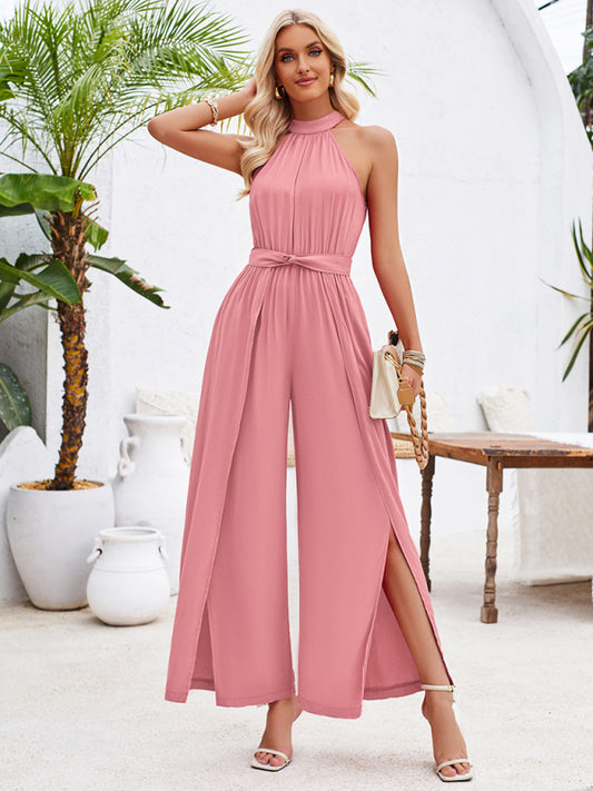 Elegant Jumpsutis- Belted Cocktail Jumpsuit - Elegant Halter Neck Playsuit- Pink- Chuzko Women Clothing