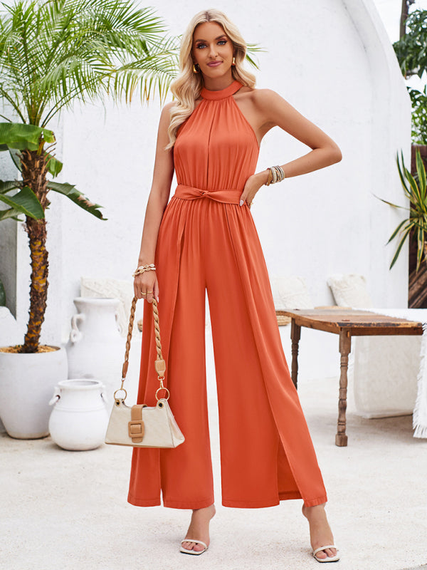 Elegant Jumpsutis- Belted Cocktail Jumpsuit - Elegant Halter Neck Playsuit- Orange- Chuzko Women Clothing