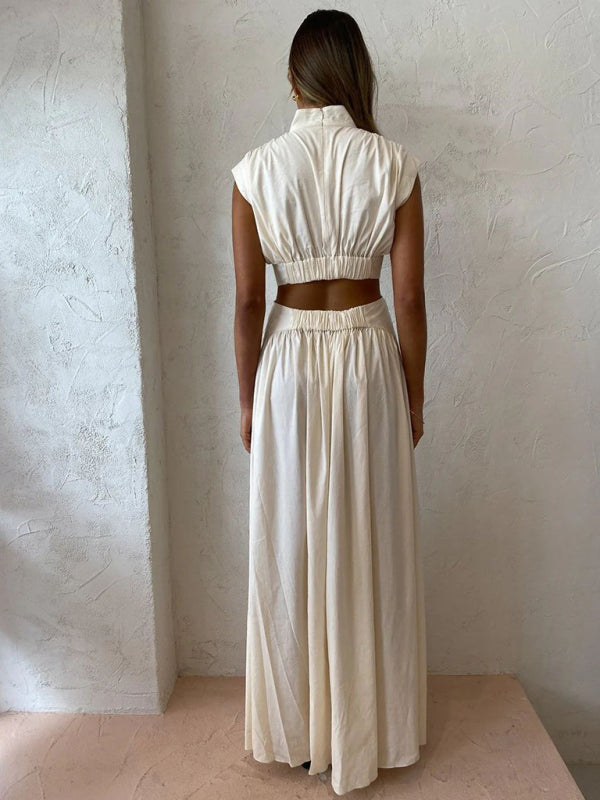 Elegant A-Line Maxi Dress with Stand Collar & Cutout Back
