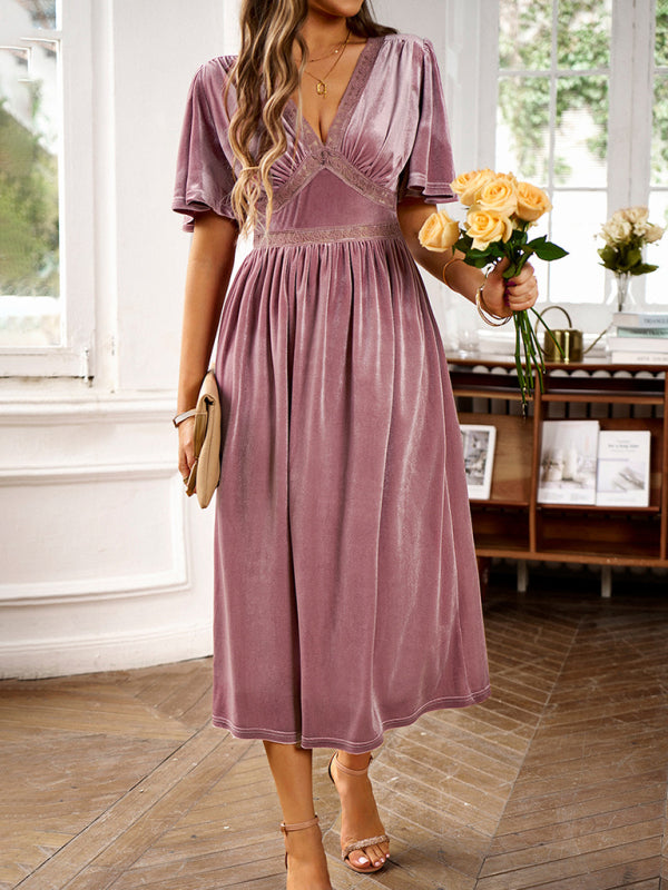 Elegant Velvet Dresses- Velvet A-Line Cocktail Midi Dress with Flared Sleeves- Chuzko Women Clothing