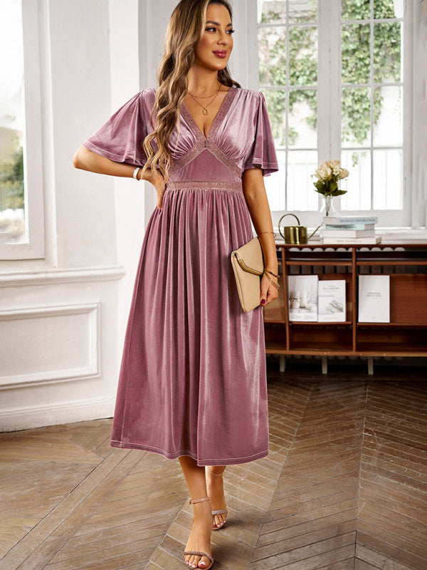 Elegant Velvet Dresses- Velvet A-Line Cocktail Midi Dress with Flared Sleeves- Chuzko Women Clothing
