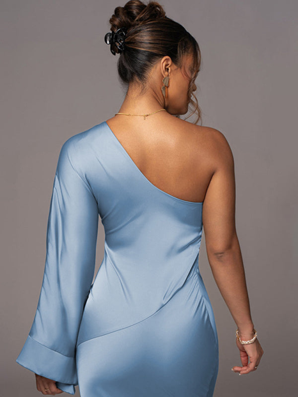 Elegant dresses- Elegant Evening Satin One-Shoulder Maxi Dress- Chuzko Women Clothing