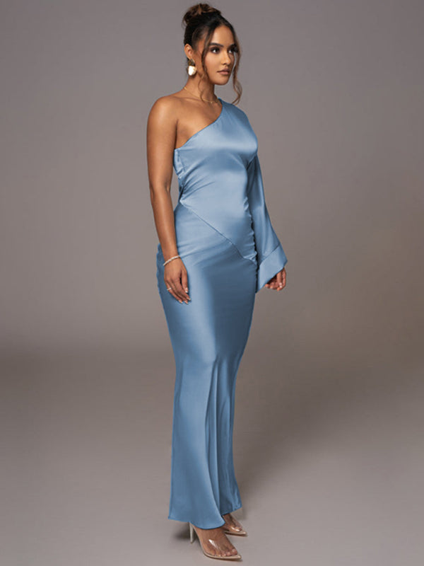 Elegant dresses- Elegant Evening Satin One-Shoulder Maxi Dress- Chuzko Women Clothing