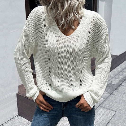 Waffle Cable Knitted V-Neck Sweater Sweaters - Chuzko Women Clothing