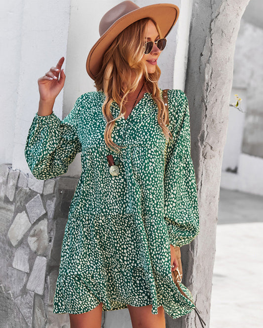 Boho Leopard Print Loose Dress with Long Sleeve for All Occasions Maxi Dresses - Chuzko Women Clothing
