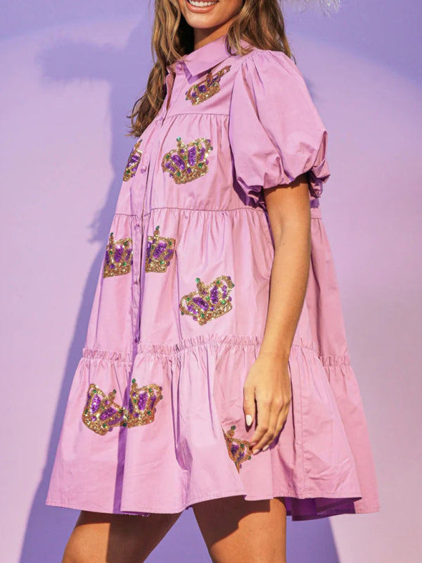 Festive Dresses- Mardi Gras Crown Sequin Patchwork Tunic Shirt Dress- Chuzko Women Clothing