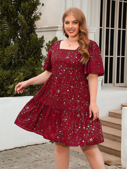 Festive Dresses- Oversized Sparkle A-Line Dress for Curvy Glam- Red- Chuzko Women Clothing